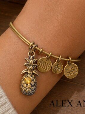 Alex and Ani Pineapple Charm Expandable Bangle Bracelet Gold Tone Tropical